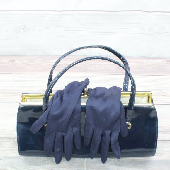 *Vintage Womens Navy Leather Clutch Purse Handbag with Matching Gloves - Picture 7 of 8